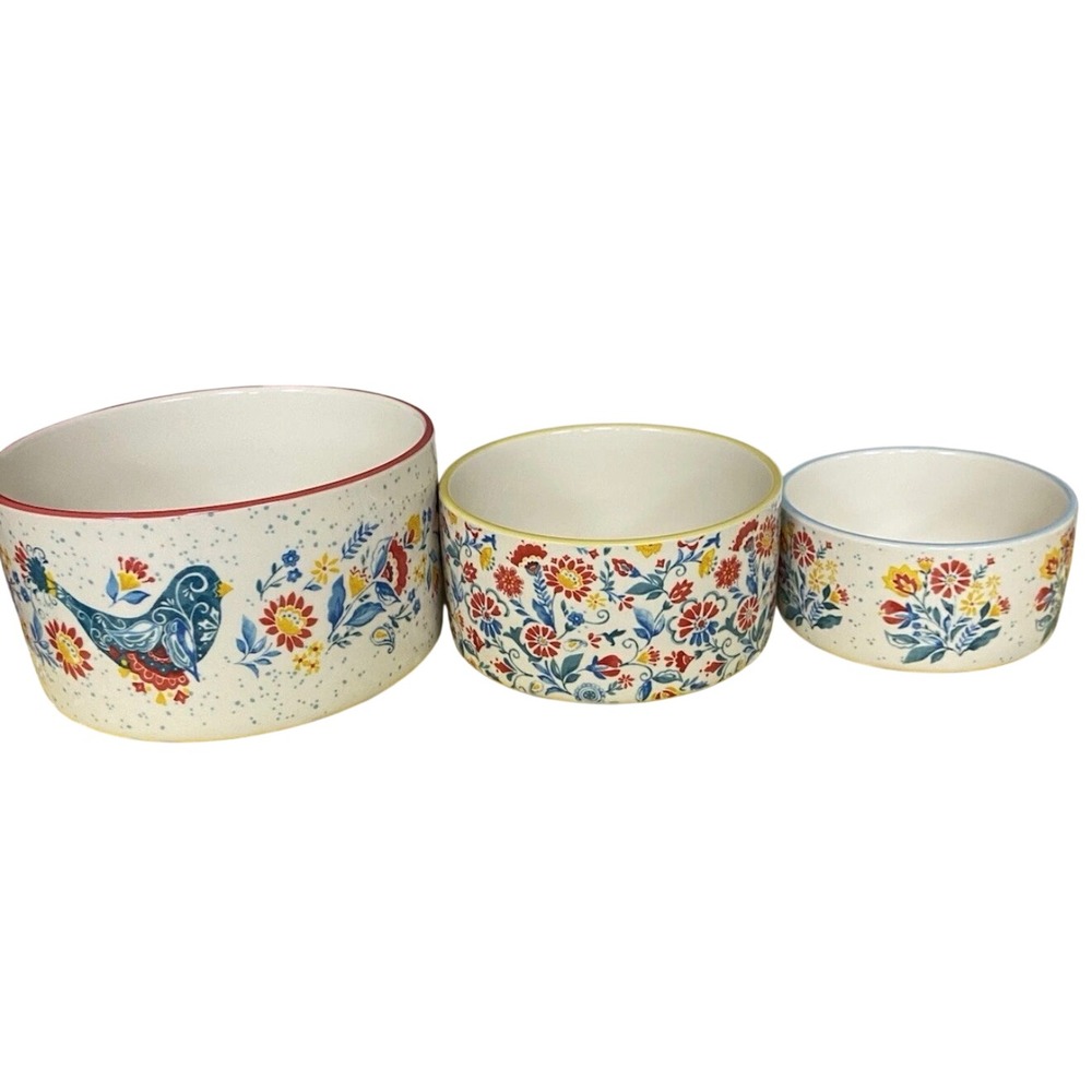 Pioneer Woman Breezy Blossom 3 Piece Nesting Stoneware Bowl Set Floral Bird 2021